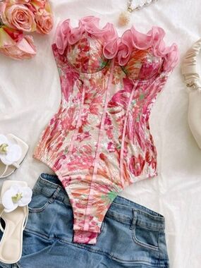Ruffled Floral Bustier Bodysuit in Pink